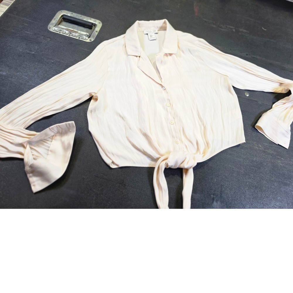 Rachel Zoe Cream Plisse Tie Front Button Down Blouse Long Sleeve XS